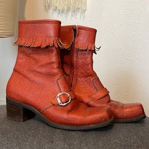 Rare 1960’s vintage square toe leather ankle boots with fringe and buckle